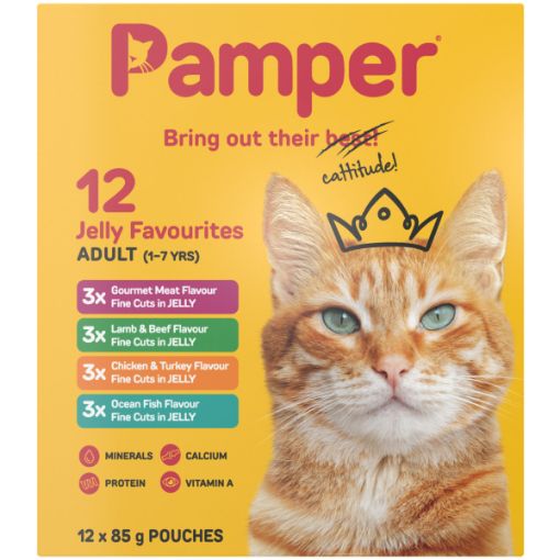 PAMPER CAT FOOD 12X85G F/CUTS M/PACK JELLY
