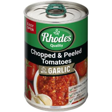 RHODES CHOPPED PEELED TOM W GARLIC 410G